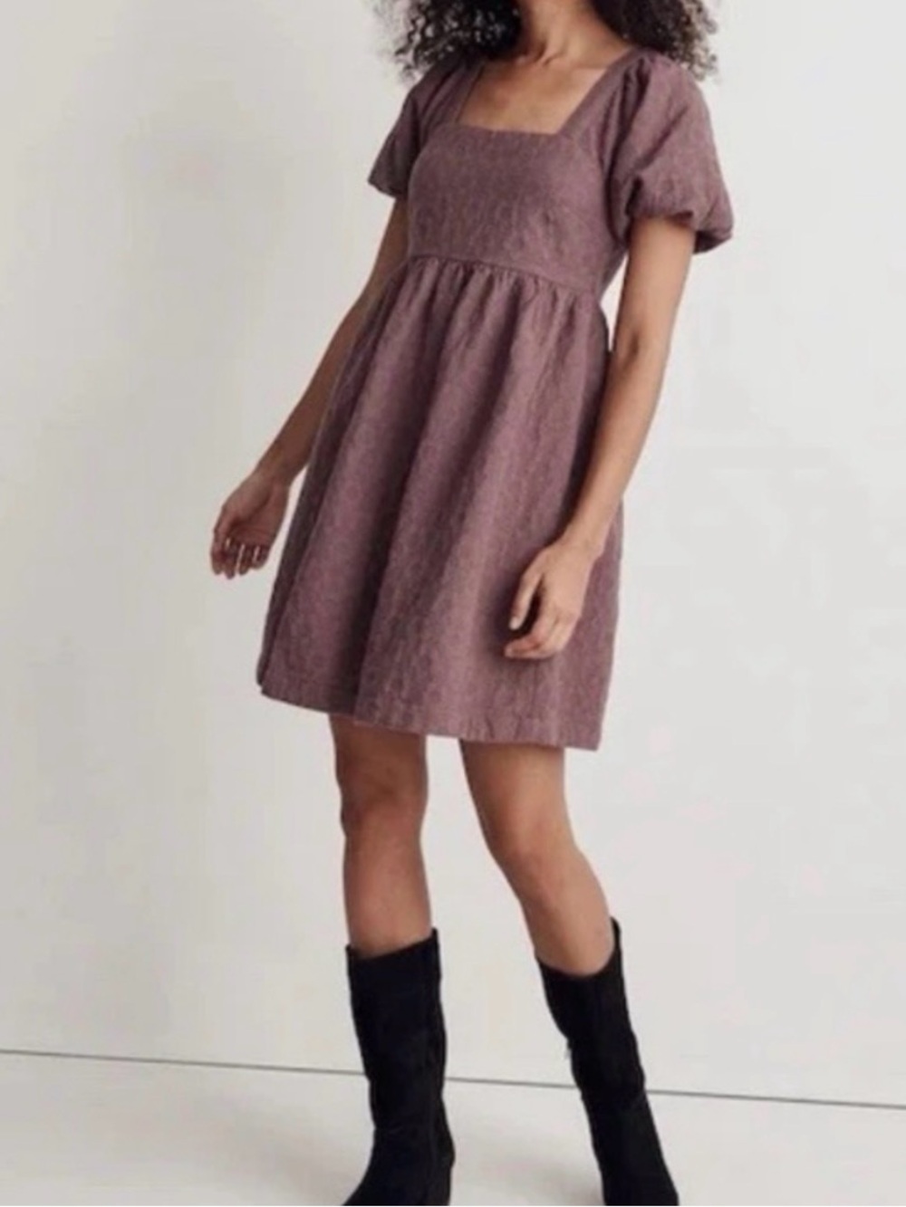 Square Neck Puff Sleeve Mini Dress in Mauve